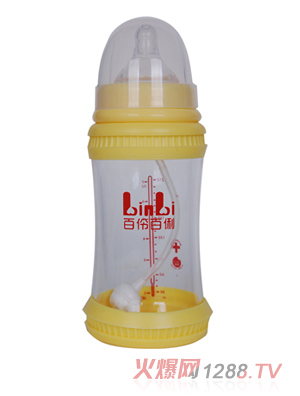 百伶百俐210ML帶硅膠套玻璃哺乳瓶黃色