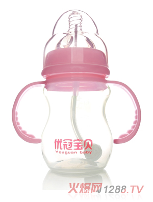 優(yōu)冠寶貝寬口帶柄自動(dòng)PP奶瓶210ml紅色